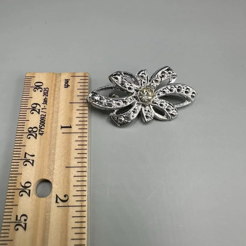 3/$30 Vintage Rhinestone Bow Brooch Silver Tone Textured Floral Ribbon Pin